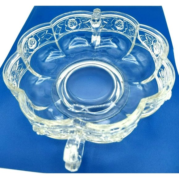Pressed Glass Dish Bowl Embossed Roses Ornate Handles Vintage Pedestal Bottom - Picture 5 of 15